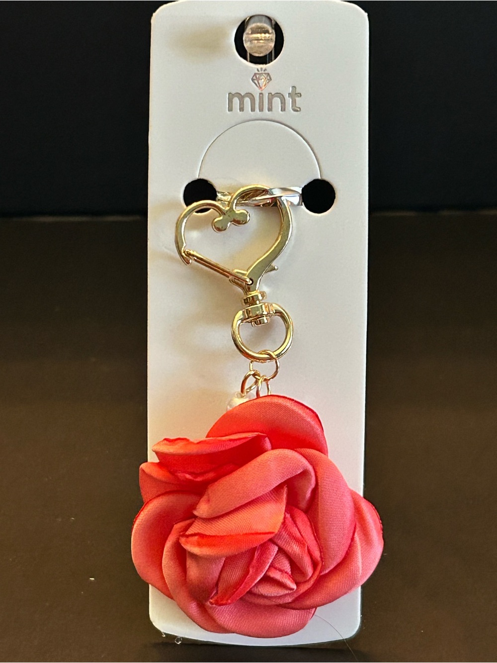 Mint Gold Heart Bag Charm With Fabric Rose Charm, Clear Crystals & Pearls NWT - Picture 8 of 8